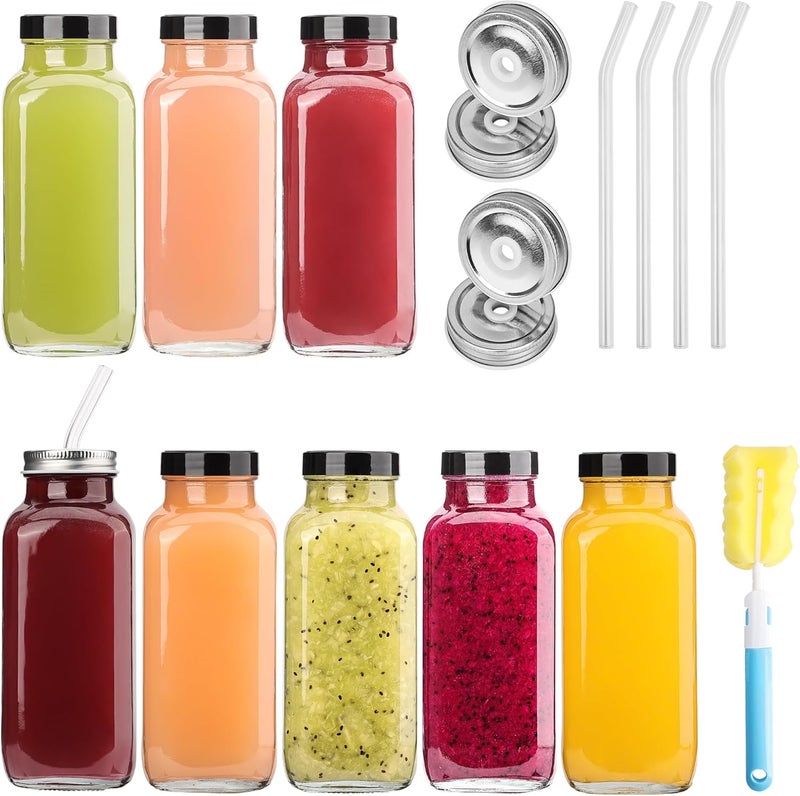 Glasgow 8 Pack 16 OZ Glass Juice Bottles with Airtight Lids & 4 Straws & 4 Lids w Hole, Reusbale Clear Glass Homemade Drinking Jars, Glass Bottles for Juicing, Smoothies, Water, Milk, Kombucha - Image 1
