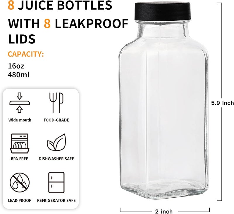 Glasgow 8 Pack 16 OZ Glass Juice Bottles with Airtight Lids & 4 Straws & 4 Lids w Hole, Reusbale Clear Glass Homemade Drinking Jars, Glass Bottles for Juicing, Smoothies, Water, Milk, Kombucha - Image 2