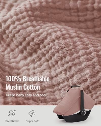 Blissful Diary Baby Car Seat Cover Extra Large Mesh Window Breathable Muslin Cotton Infant Windproof CanopyDusty Pink - Image 3