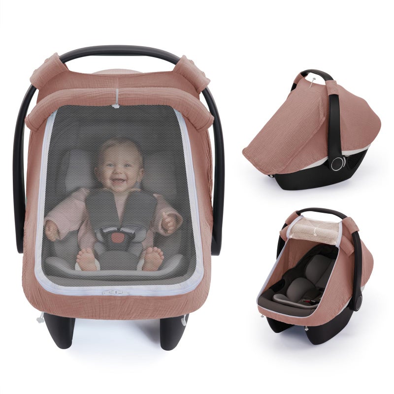 Blissful Diary Baby Car Seat Cover Extra Large Mesh Window Breathable Muslin Cotton Infant Windproof CanopyDusty Pink - Image 2