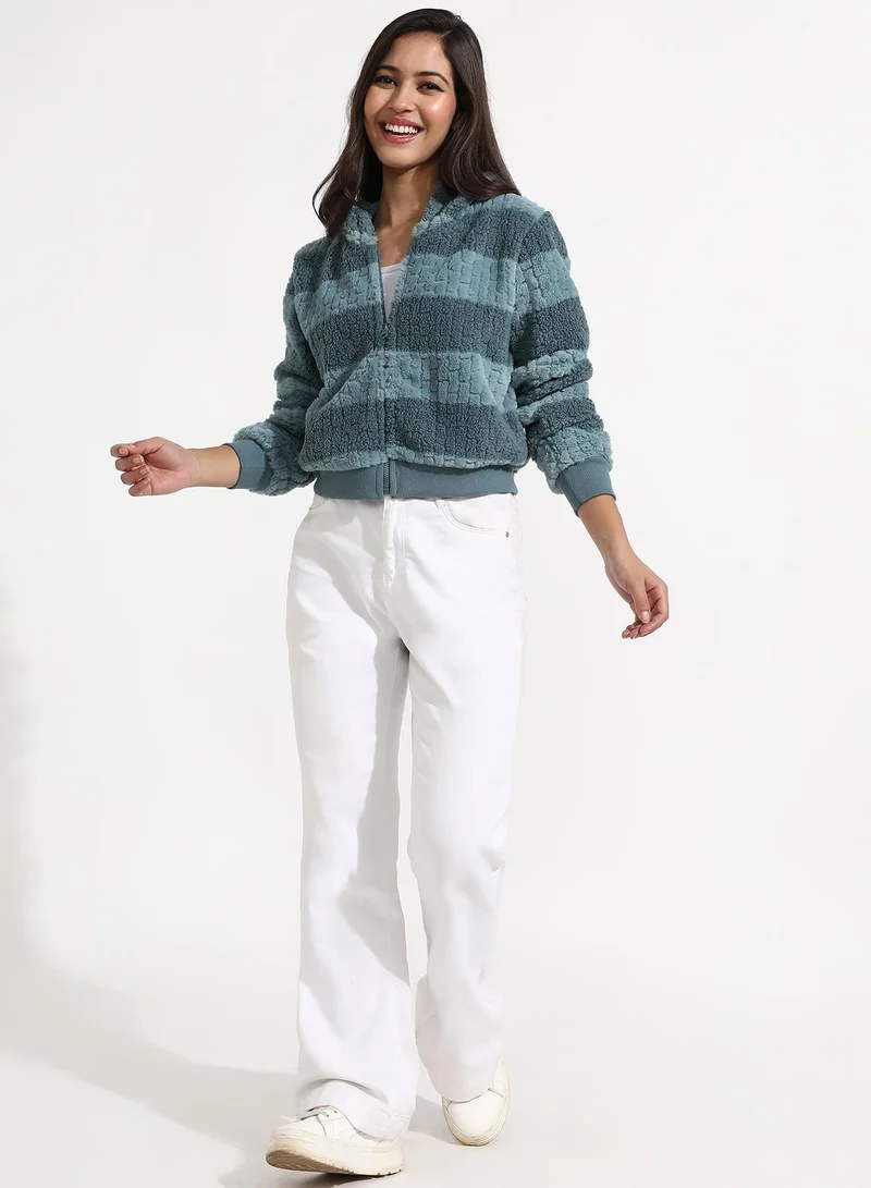 Campus Sutra Women's Steel Blue Fleece Horizontal Striped Jacket