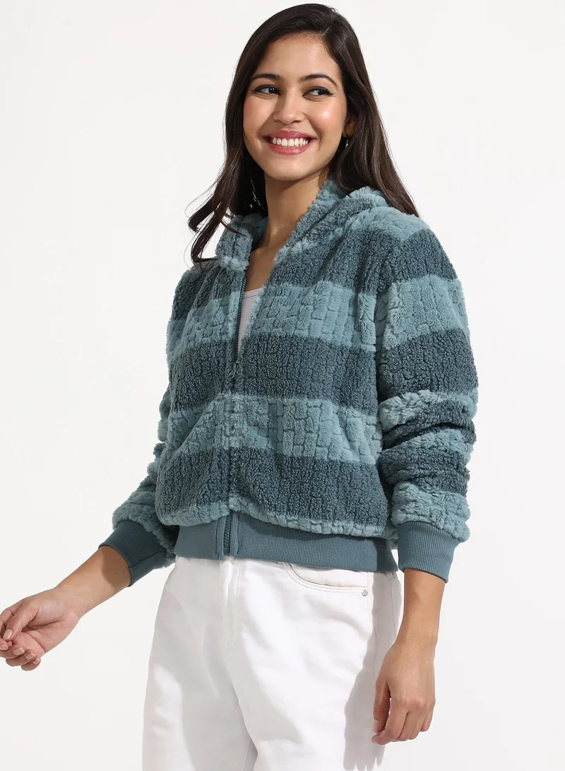 Campus Sutra Women's Steel Blue Fleece Horizontal Striped Jacket