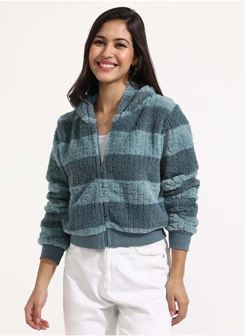 Campus Sutra Women's Steel Blue Fleece Horizontal Striped Jacket
