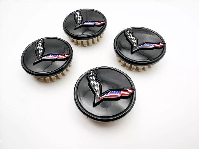 Corvette Set of 4Pcs Wheel Center Cap Replacement for 2014+ C7 Corvette Stingray Center Caps w/Crossed Flag Logo 68mm 2.7" 23217059 (Black Blue) - Image 2
