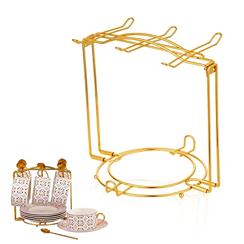 CHILDIKE Teacups and Saucers Display Stand, Tea Cup Holder, Metal Foldable Storage Rack for Espresso and Cappuccino Cup - Gold - Image 1