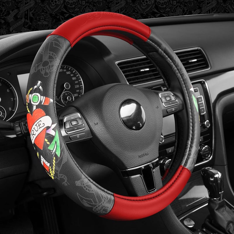 إد هاردي غطاء عجلة قيادة بطباعة قلب من ، من الجلد الأحمر، يناسب عجلات القيادة بقطر 14.5-15.5 بوصة، مانع للانزلاق ومريح في الاستخدام، مناسب للمقاصد الداخلية للسيارات والسيارات الدفع الرباعي والشاحنات. - Image 5
