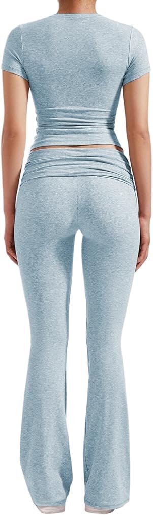 ZFLM Casual Workout Two Piece Outfits for Women Short Sleeve Crop High Waist Foldover Flare Pants Tracksuit Sets Streetwear - Image 4