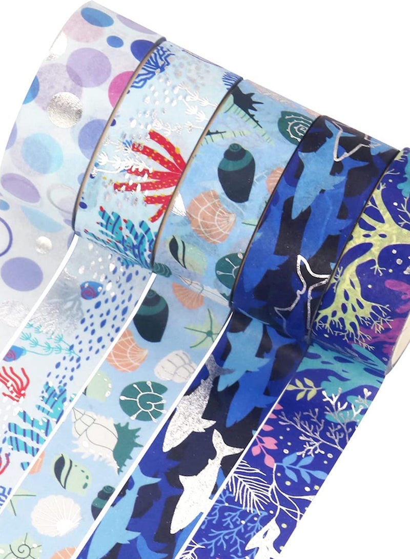 Ocean Blue Washi Tape Set 10 Rolls Silver Foil Print Decorative Masking Tapes for Arts, DIY Crafts, Bullet Journals, Planners, Scrapbook, Wrapping (Navy Silver) - Image 5