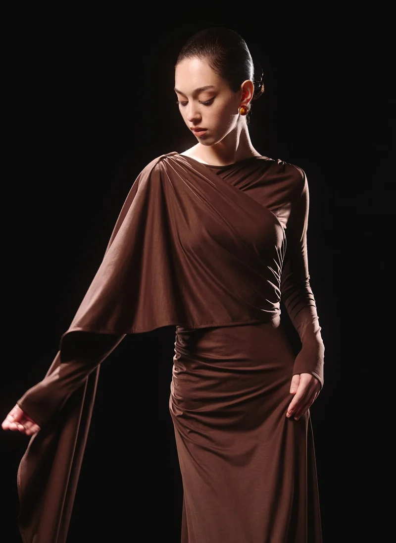Lichi  Jersey maxi dress with one-shoulder cape for Women | Best Price UAE