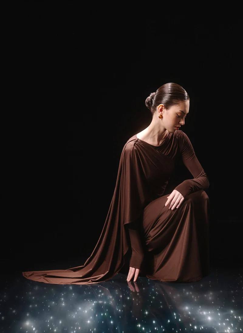 Lichi  Jersey maxi dress with one-shoulder cape for Women | Best Price UAE