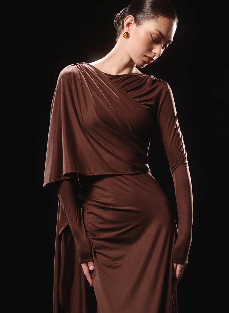 Lichi  Jersey maxi dress with one-shoulder cape for Women | Best Price UAE