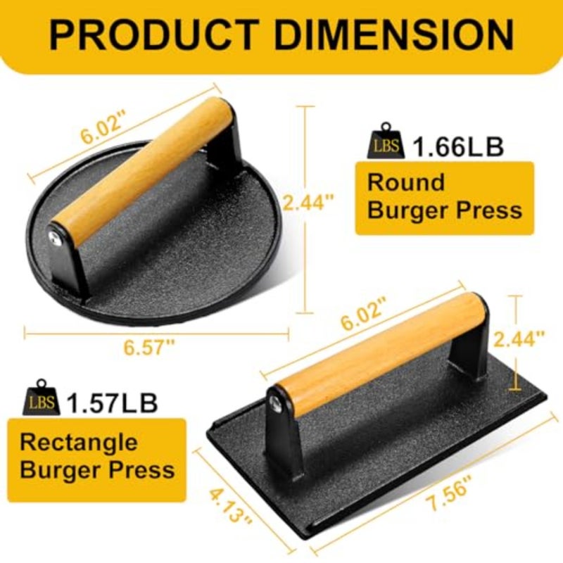 Cast Iron Burger Press, Smash Burger Press for Blackstone Weber, Heavy Duty Round 6.9In Rectangular 8.2x4.2In Grill Press With Wood Handle, Perfect for Teppanyaki Flat Top Griddle Grill Cooking - Image 2