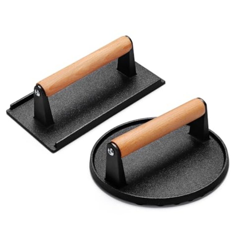 Cast Iron Burger Press, Smash Burger Press for Blackstone Weber, Heavy Duty Round 6.9In Rectangular 8.2x4.2In Grill Press With Wood Handle, Perfect for Teppanyaki Flat Top Griddle Grill Cooking - Image 1