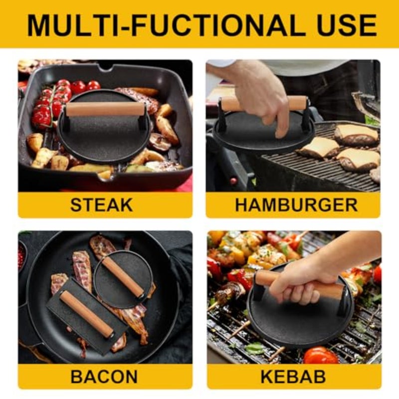 Cast Iron Burger Press, Smash Burger Press for Blackstone Weber, Heavy Duty Round 6.9In Rectangular 8.2x4.2In Grill Press With Wood Handle, Perfect for Teppanyaki Flat Top Griddle Grill Cooking - Image 5
