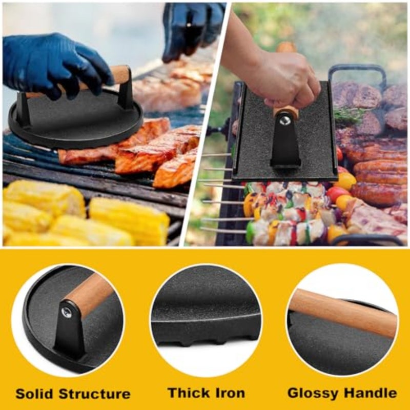 Cast Iron Burger Press, Smash Burger Press for Blackstone Weber, Heavy Duty Round 6.9In Rectangular 8.2x4.2In Grill Press With Wood Handle, Perfect for Teppanyaki Flat Top Griddle Grill Cooking - Image 3