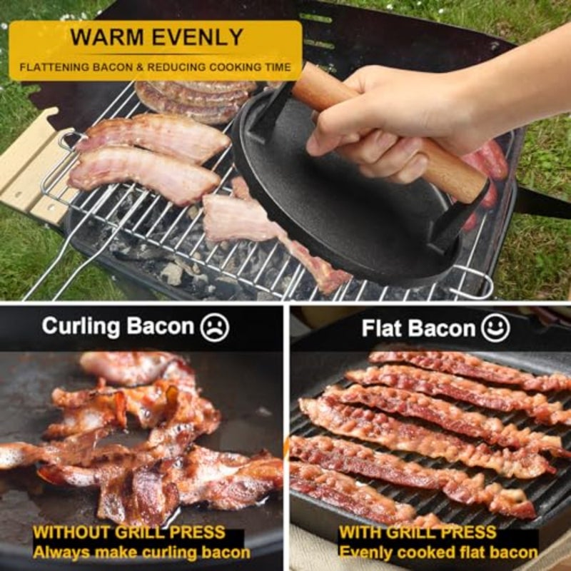 Cast Iron Burger Press, Smash Burger Press for Blackstone Weber, Heavy Duty Round 6.9In Rectangular 8.2x4.2In Grill Press With Wood Handle, Perfect for Teppanyaki Flat Top Griddle Grill Cooking - Image 4