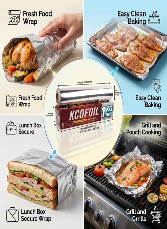 KCOFOIL Aluminium Foil Roll -1Kg | ISI Certified | 18 Micron Thickness Food-Grade Silver Foil Paper for Lunch & Tiffin | Multipurpose Kitchen Wrap for Cooking, Baking, Grilling & Food Storage | Pack of-1 - Image 4