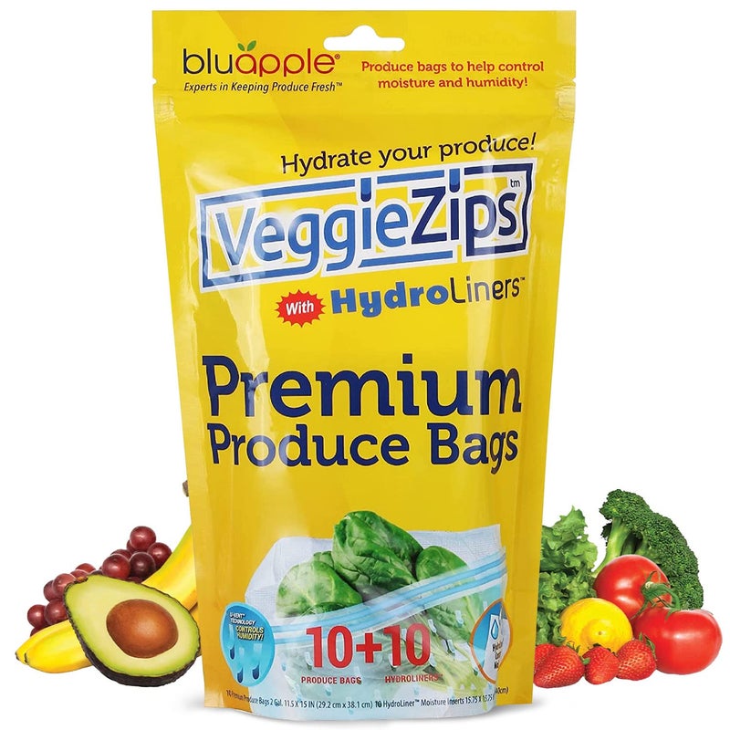 Bluapple VeggieZips Premium Produce Storage Bags - 10 Produce Food Saver Bags + 10 HydroLiners to Keep Produce Fresh Longer - Washable & Reusable Bags for Humidity control for Fruits and Vegetables