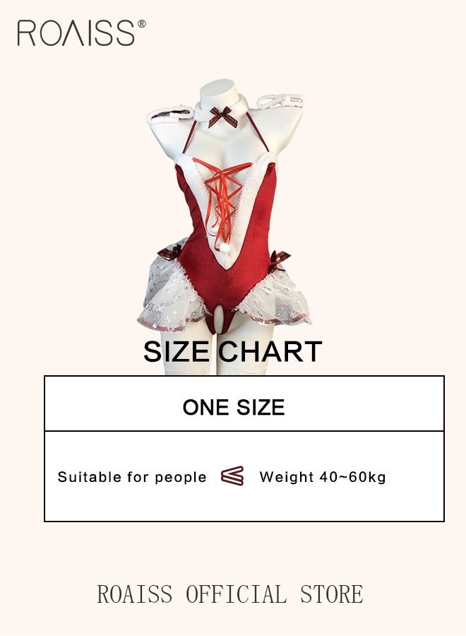 Cute Plush Lingerie Bodysuit for Women Red Suspender Sleeveless Dress to Accentuate Lace up Front Babydoll Comfy and Breathable Waist Cinching Skirt with Strap Design