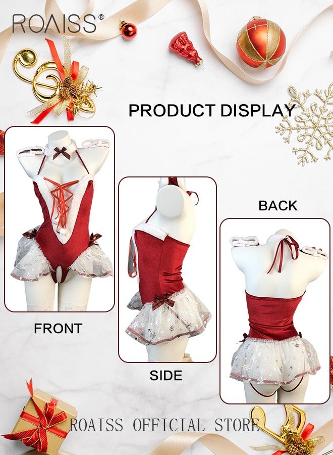 Cute Plush Lingerie Bodysuit for Women Red Suspender Sleeveless Dress to Accentuate Lace up Front Babydoll Comfy and Breathable Waist Cinching Skirt with Strap Design