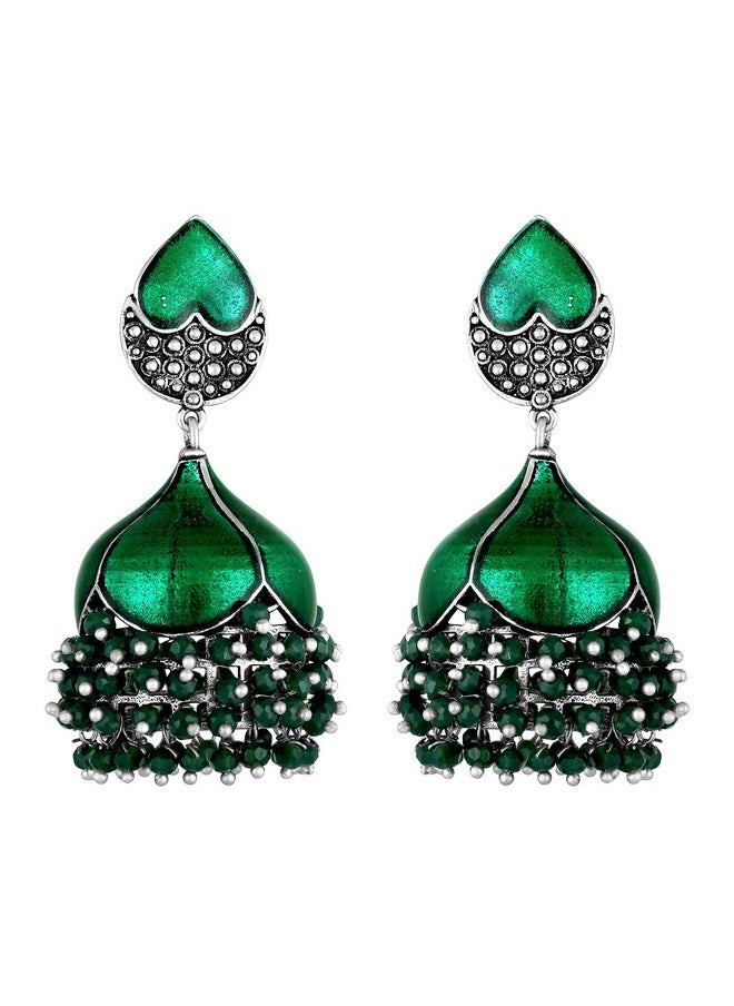 Aheli Green Enamel Jhumki Jhumka Pearl Dangle Earrings Indian Ethnic Wedding Party Fashion Statement Jewelry For Women  - Image 1