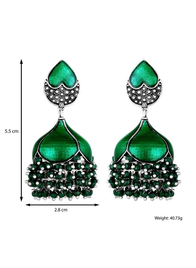 Aheli Green Enamel Jhumki Jhumka Pearl Dangle Earrings Indian Ethnic Wedding Party Fashion Statement Jewelry For Women  - Image 4