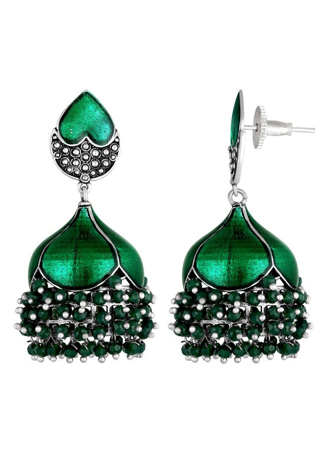 Aheli Green Enamel Jhumki Jhumka Pearl Dangle Earrings Indian Ethnic Wedding Party Fashion Statement Jewelry For Women  - Image 2