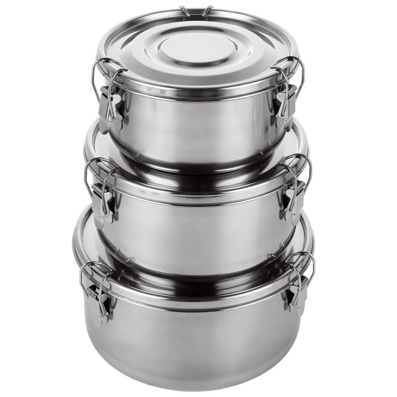QTLCOHD 3 Pcs Stainless Steel Food Storage Containers, 22 Oz/ 34 Oz/ 54 Oz Round Bento Lunch Box with Lids, Airtight Leak-Proof Snack Containers for Adults Camping Travel Picnic Leftovers - Image 1