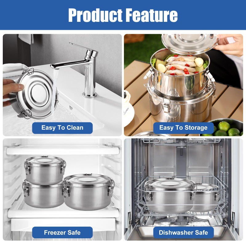 QTLCOHD 3 Pcs Stainless Steel Food Storage Containers, 22 Oz/ 34 Oz/ 54 Oz Round Bento Lunch Box with Lids, Airtight Leak-Proof Snack Containers for Adults Camping Travel Picnic Leftovers - Image 4
