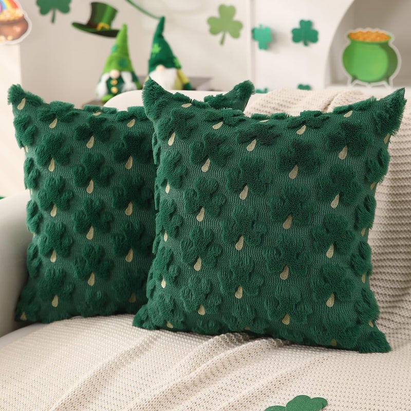 DFXSZ St Patricks Day Pillow Covers 18x18 inch Set of 2 St Patricks Day Decorations Green Golden Yellow Shamrock Soft Plush Faux Fur Jacquard Throw Pillows for Holiday Festivals Home Decor PTK022A18 - Image 1