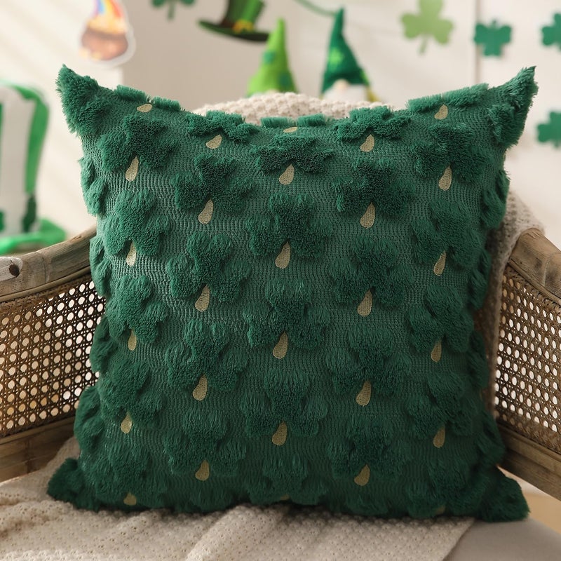DFXSZ St Patricks Day Pillow Covers 18x18 inch Set of 2 St Patricks Day Decorations Green Golden Yellow Shamrock Soft Plush Faux Fur Jacquard Throw Pillows for Holiday Festivals Home Decor PTK022A18 - Image 3