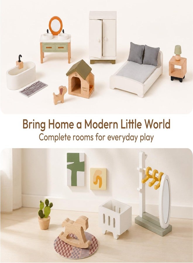 Giant bean 33 PCS Wooden Dollhouse Furniture Set, Modern Doll House Accessories with Bedroom, Kitchen, Bathroom, Nursery & Living Room, Montessori Pretend Play Toys for Kids Girls Boys Age 3+ - Image 3