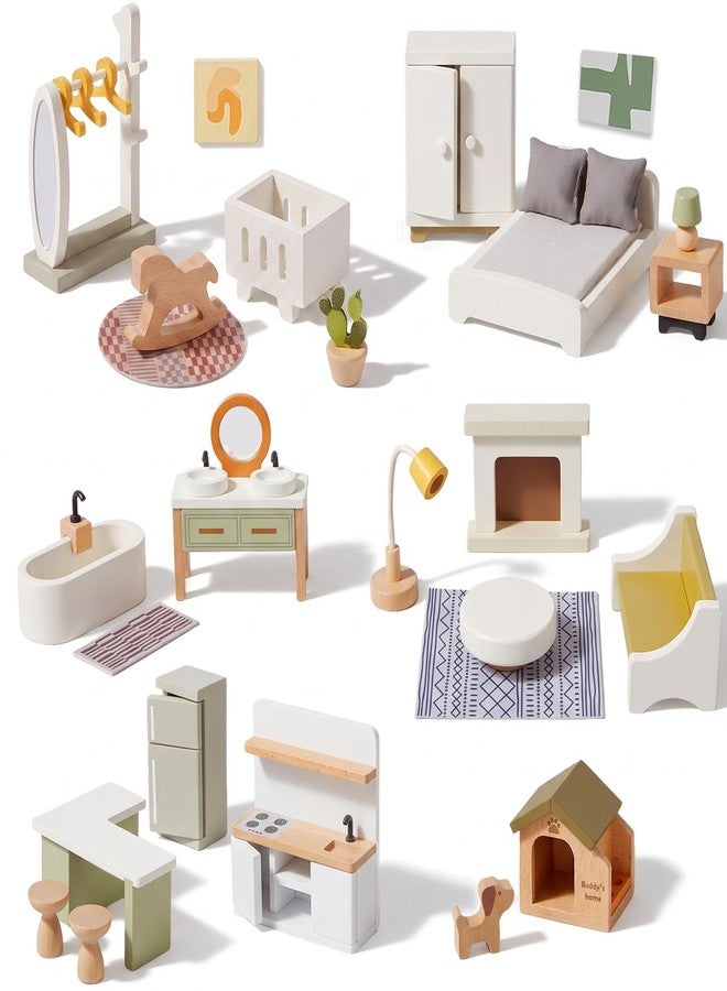 Giant bean 33 PCS Wooden Dollhouse Furniture Set, Modern Doll House Accessories with Bedroom, Kitchen, Bathroom, Nursery & Living Room, Montessori Pretend Play Toys for Kids Girls Boys Age 3+ - Image 1