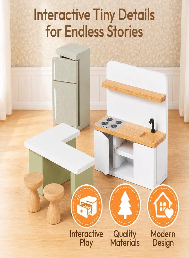 Giant bean 33 PCS Wooden Dollhouse Furniture Set, Modern Doll House Accessories with Bedroom, Kitchen, Bathroom, Nursery & Living Room, Montessori Pretend Play Toys for Kids Girls Boys Age 3+ - Image 4
