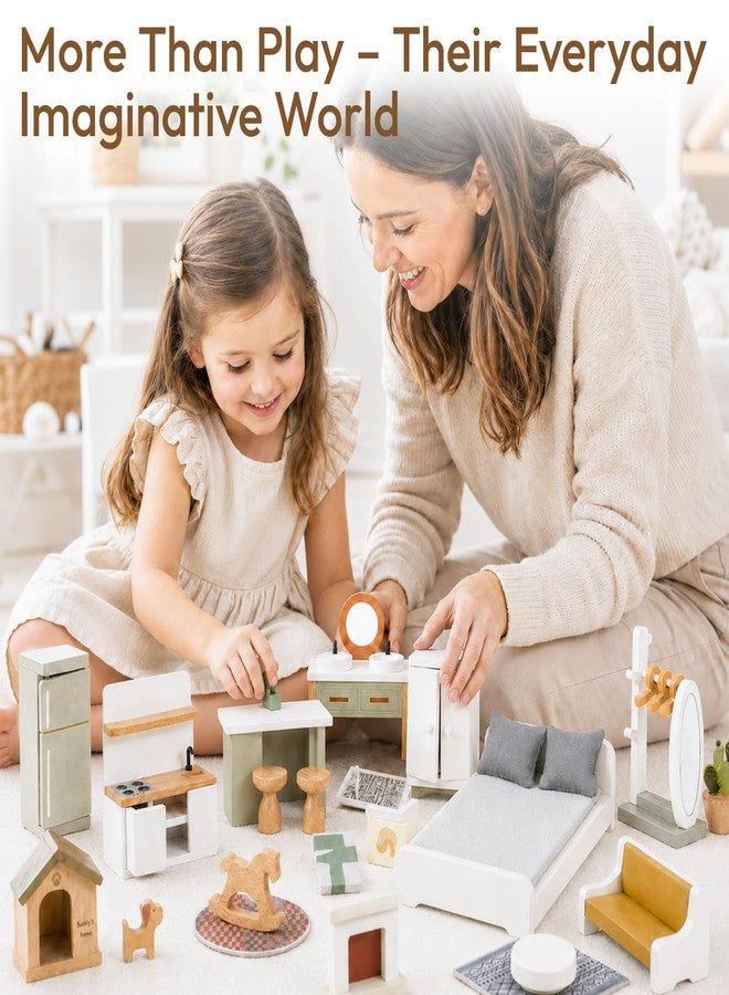 Giant bean 33 PCS Wooden Dollhouse Furniture Set, Modern Doll House Accessories with Bedroom, Kitchen, Bathroom, Nursery & Living Room, Montessori Pretend Play Toys for Kids Girls Boys Age 3+ - Image 2