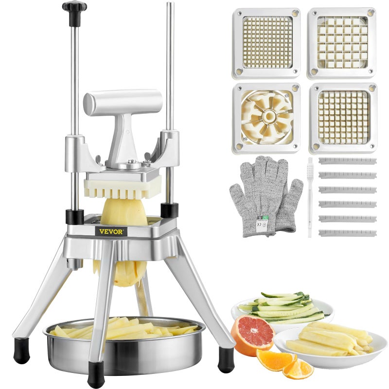 VEVOR VEVOR Commercial Vegetable Fruit Chopper Stainless Steel French Fry Cutter w 4 Blades 14 38 12 Vegetable Chopper Dicer wStainless Bowl Heavy Duty Cutter for Potato Tomato Onion Mushroom 