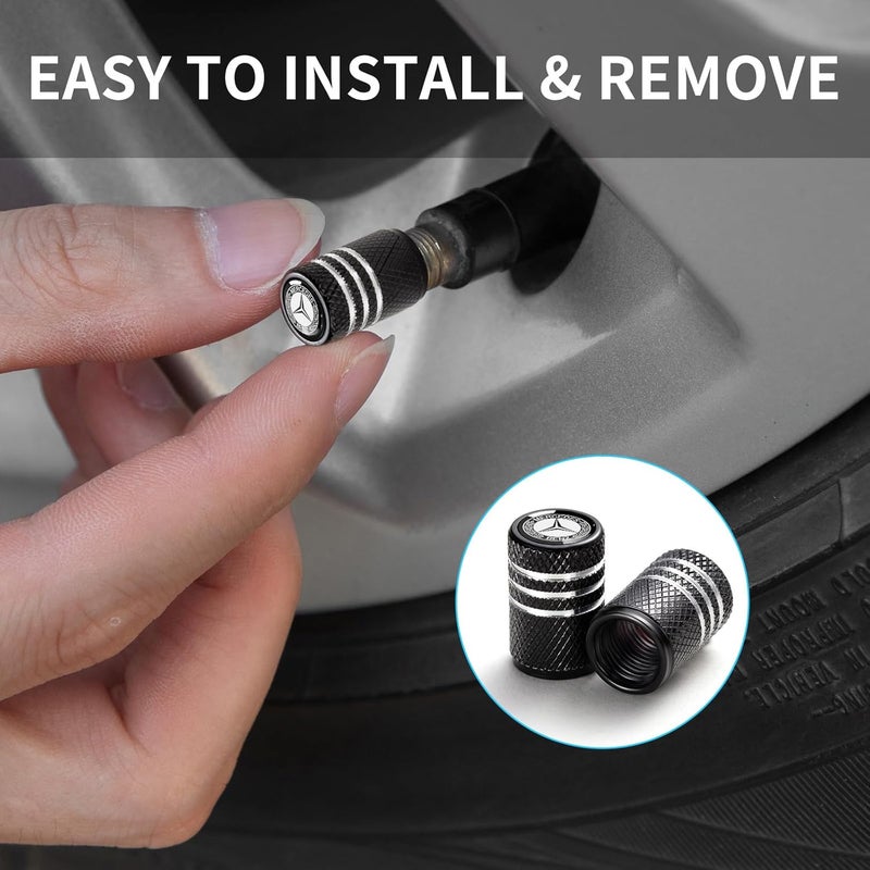 YUIQIEUY Tire Valve Stem Caps Covers Mercedes Benz A C E S Class Series GLK CLA GLA GLC GLE CLS SLK AMG Series Belt O-Ring Seals Corrosion Resistant, Tire Valve Stem Air Caps 4 Pack Black - Image 2