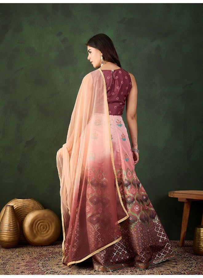AKS Wine And Peach Placement Print Jacquard Lehenga Choli  - Image 4