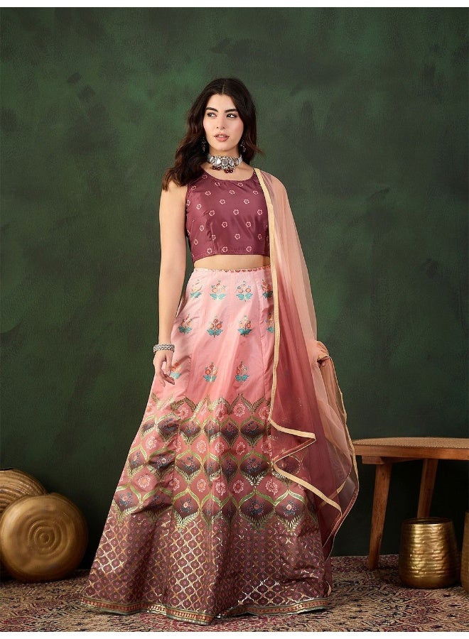 AKS Wine And Peach Placement Print Jacquard Lehenga Choli  - Image 5
