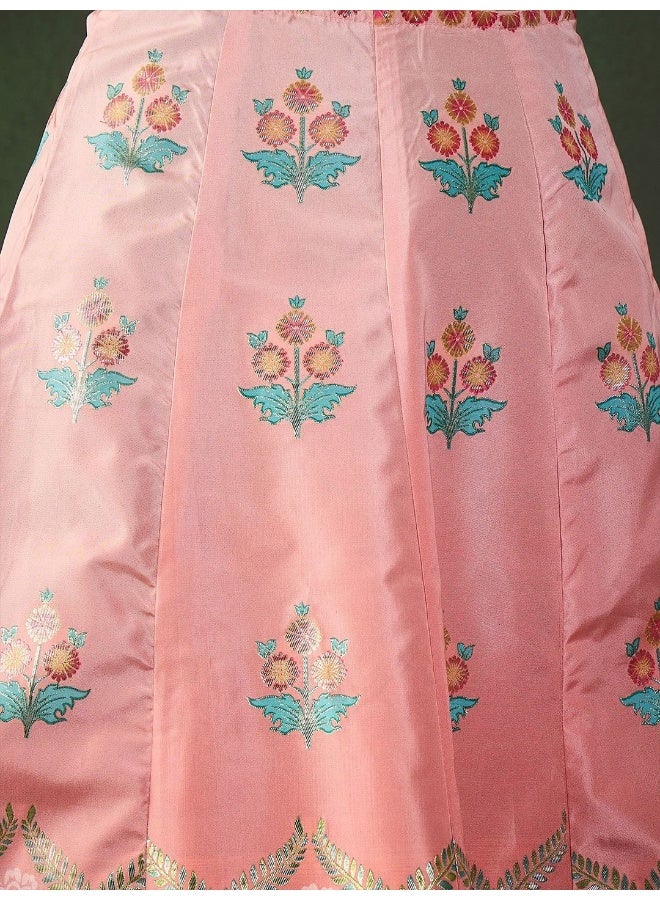 AKS Wine And Peach Placement Print Jacquard Lehenga Choli  - Image 2