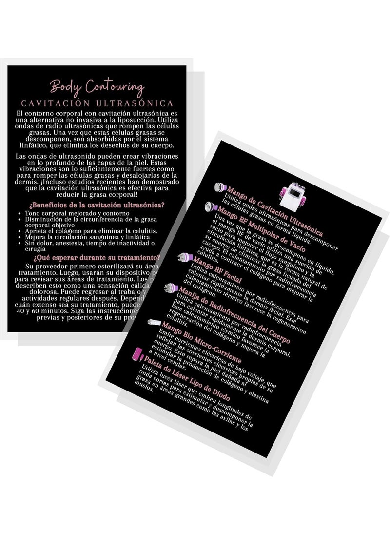 Lashicorn - Lashicorn SPANISH Ultrasonic Cavitation Information Cards | 30 Pack | 4x6” inch Post Card Size | Body Contouring Supplies | Ultrasonic Technology Cavitation Supplies | Black & Pink Design - Image 1