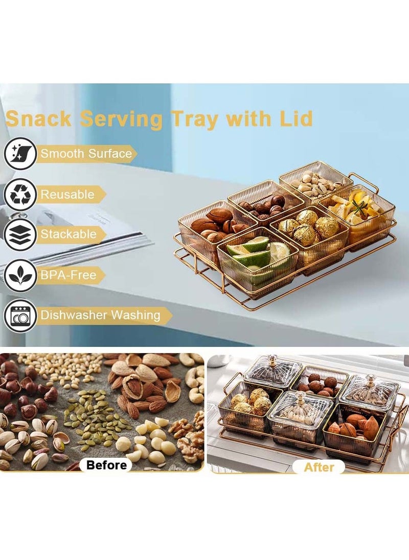 YIM-VIBEHAUS Snack Serving Tray with Lid, Divided Serving Dishes 6 Clear Candy Nut Serving Container Set with Metal Rack, Plastic Food Display Bowls Dried Fruit Storage Organizer Plate for Candy Fruit Dips Dessert  - Image 2