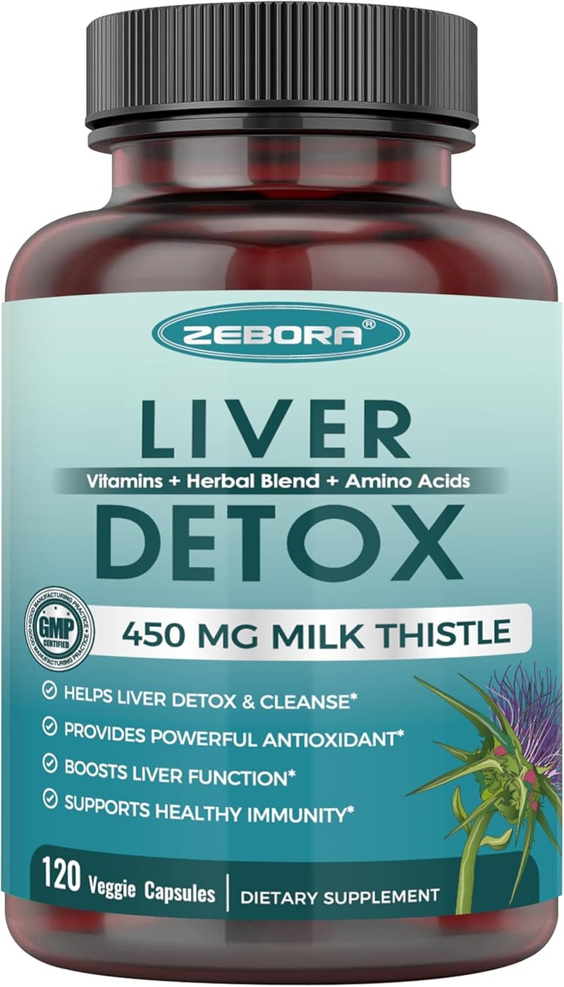 ZEBORA Milk Thistle Supplement for Liver Cleanse Detox  Repair Liver Supplement with 450 mg Milk Thistle Extract 80 Silymarin for Liver Support and Health GMOFree 120 Veggie Capsules 60 DaySupply - Image 1