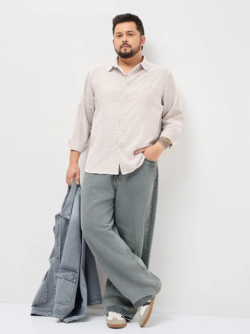 Urbano Fashion  Urbano Plus Men's Rust Cotton Full Sleeve Regular Fit Casual Striped Shirt  | Best Price UAE