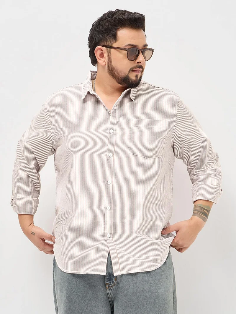 Urbano Plus Men's Rust Cotton Full Sleeve Regular Fit Casual Striped Shirt