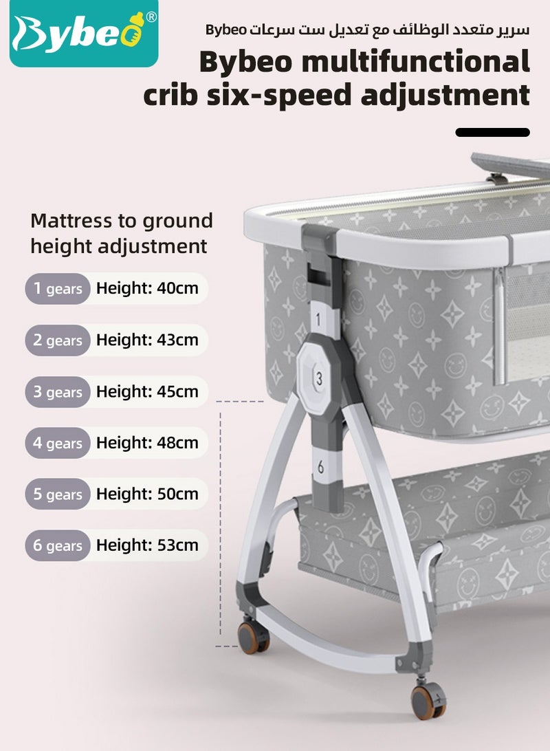 Bybeo 7PCS Baby Bedside Crib, Baby Bed with 360° Swivel Wheels, Portable Folding Bassinet for Infant Newborn, Nursery Beds with Mosquito Net, Mat, Basket, Cooler, Pillow, and Twisted Bed Rails - Image 4