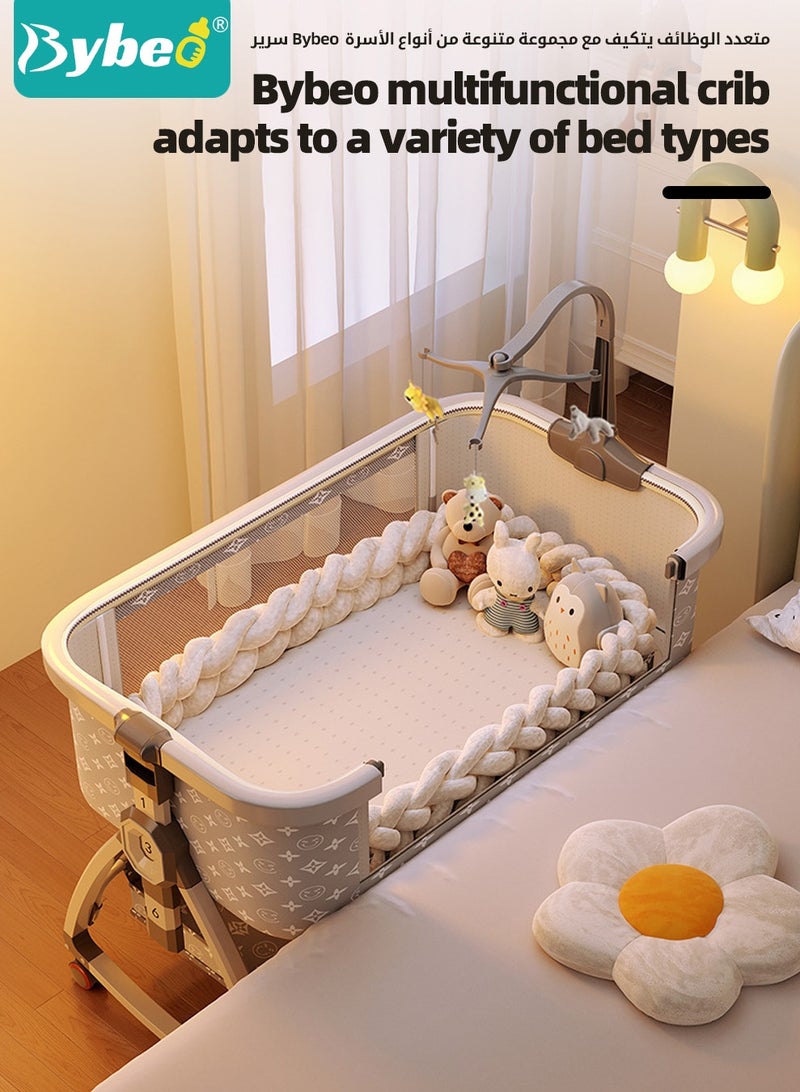 Bybeo 7PCS Baby Bedside Crib, Baby Bed with 360° Swivel Wheels, Portable Folding Bassinet for Infant Newborn, Nursery Beds with Mosquito Net, Mat, Basket, Cooler, Pillow, and Twisted Bed Rails - Image 2