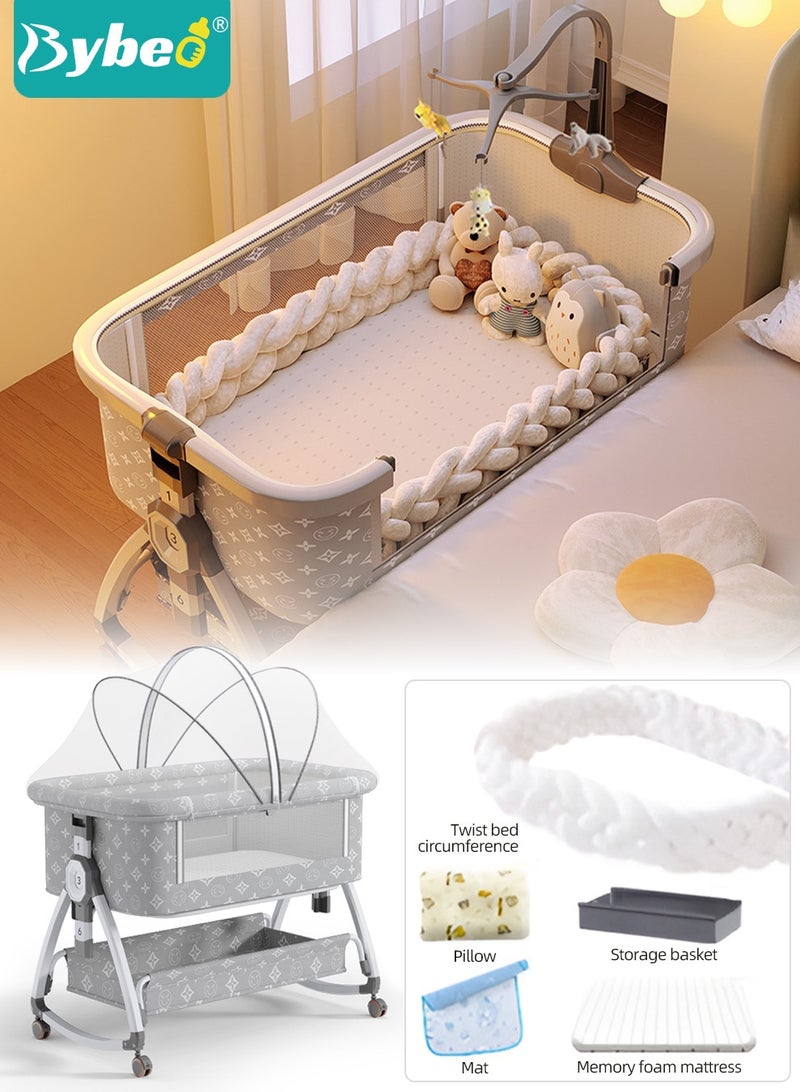 Bybeo 7PCS Baby Bedside Crib, Baby Bed with 360° Swivel Wheels, Portable Folding Bassinet for Infant Newborn, Nursery Beds with Mosquito Net, Mat, Basket, Cooler, Pillow, and Twisted Bed Rails - Image 1