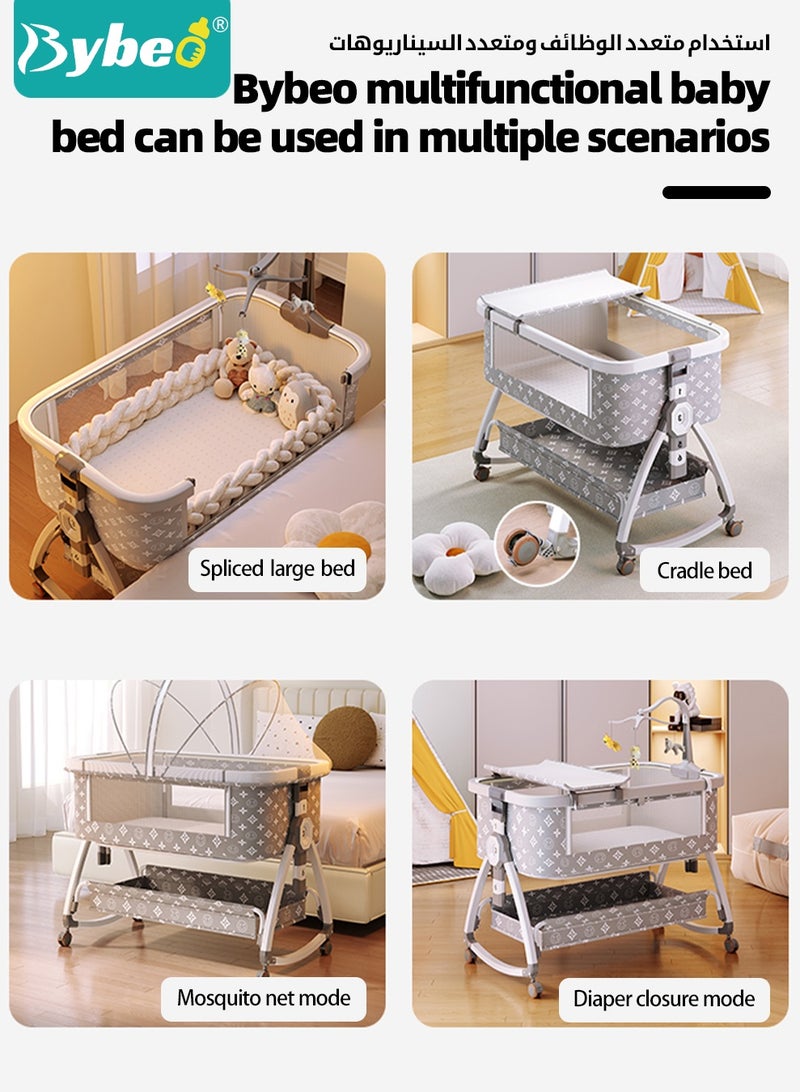 Bybeo 7PCS Baby Bedside Crib, Baby Bed with 360° Swivel Wheels, Portable Folding Bassinet for Infant Newborn, Nursery Beds with Mosquito Net, Mat, Basket, Cooler, Pillow, and Twisted Bed Rails - Image 3