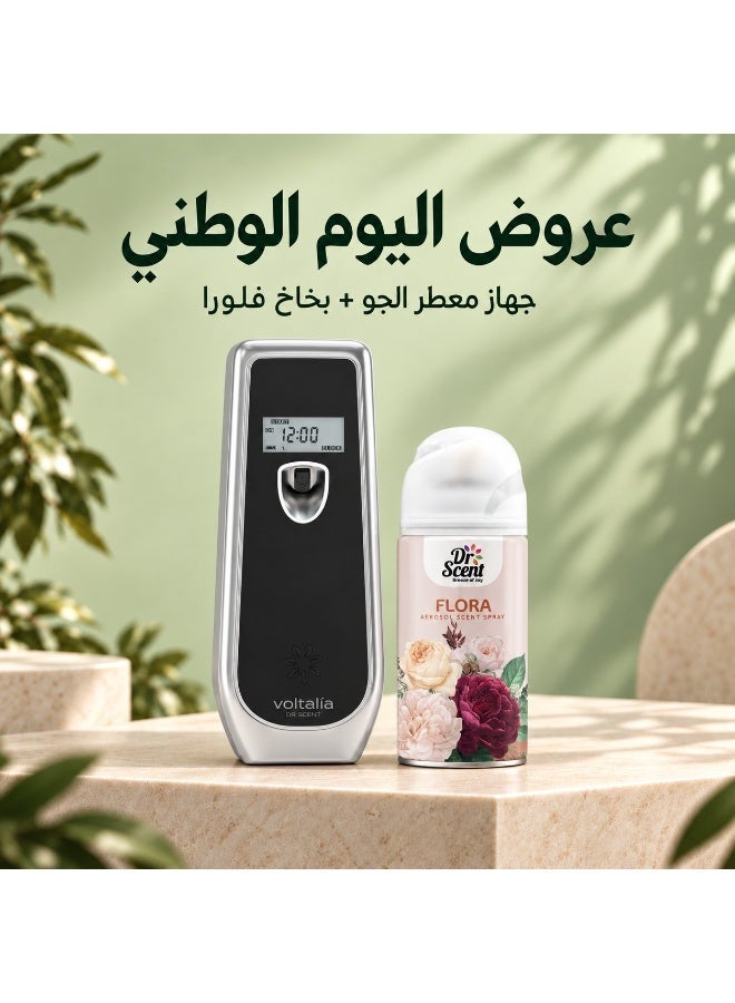 Dr Scent Automatic Air Freshener Dispenser Voltalia LCD – Free Stand or Wall Mounted + Flora Aerosol Spray (300ml) Bundle - Image 1